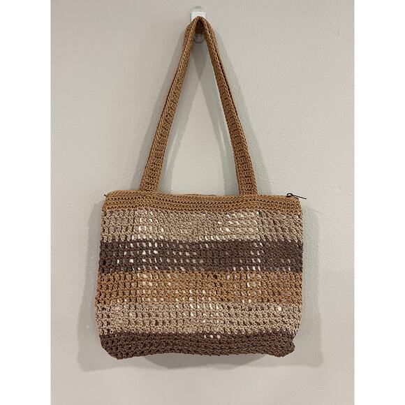 The Sak Crochet Shoulder Bag Tan Brown Ombré Boho Beach Tote Purse Zip Pocket - Picture 4 of 11